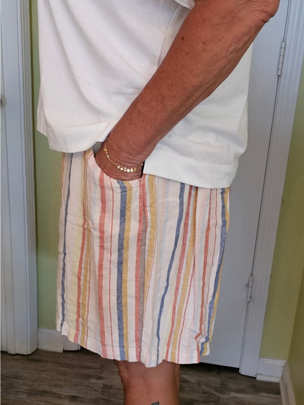 Striped Linen-Blend Shorts in Multicolor with pockets and drawstring.